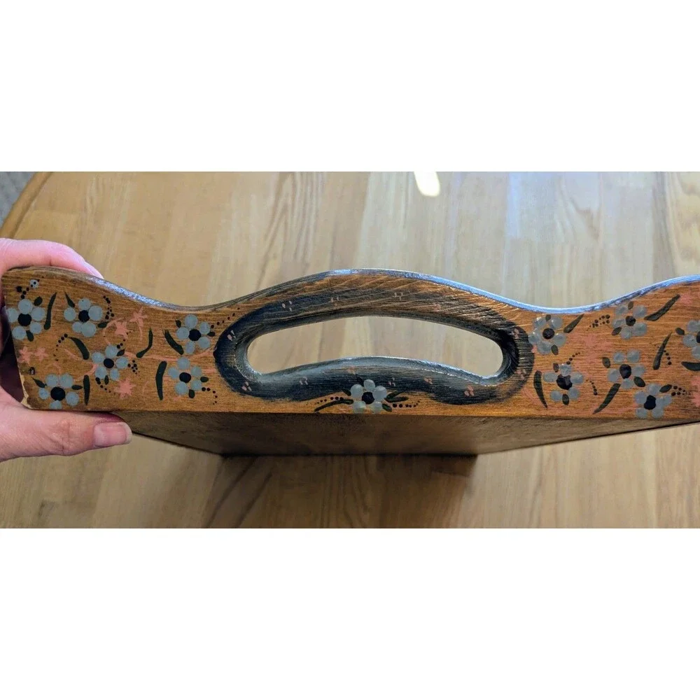 Vintage 80s Hand Painted Floral Wood Serving Tray Handles Art Cottagecore 11x17